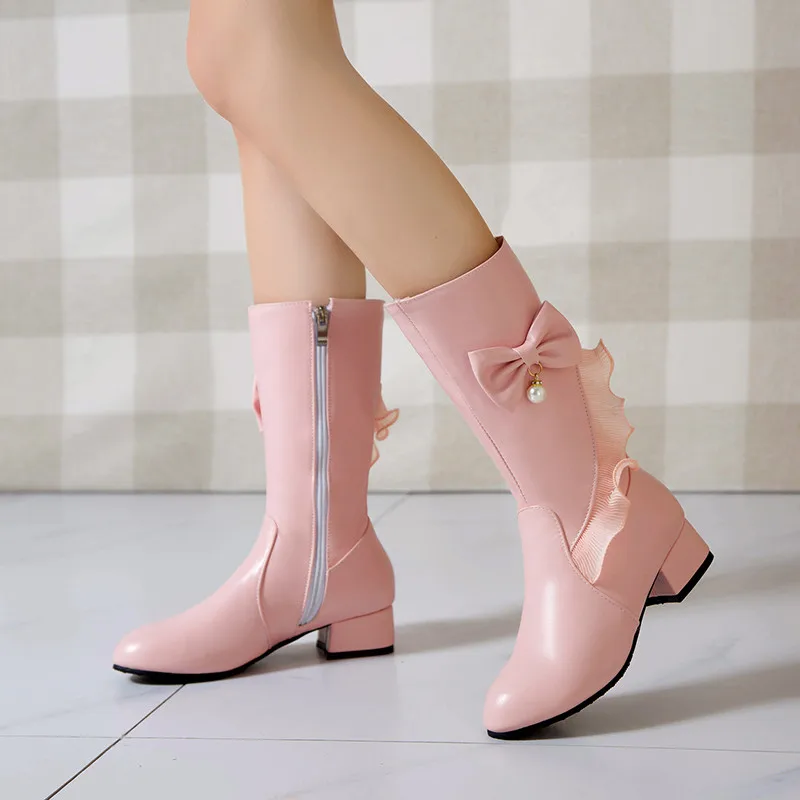 

YQBTDL/2020 зимние милые розовые и белые туфли принцессы на массивном каблуке в стиле Лолиты, милые вечерние женские сапоги средней длины с оборками и галстуком-бабочкой