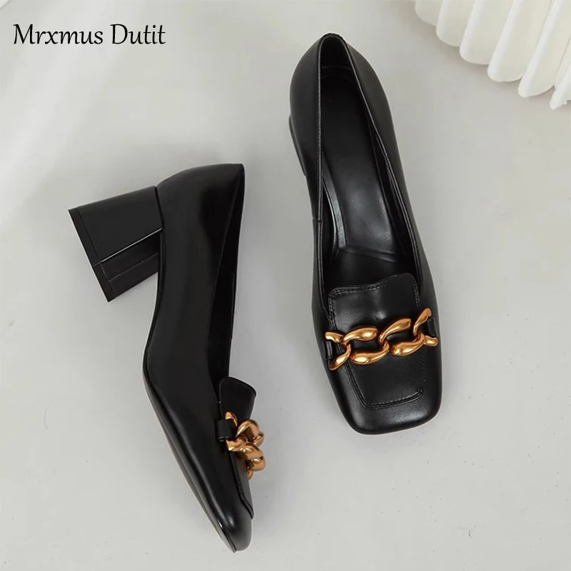 Mrxmus 2023 New Spring Summer Fashion Genuine Leather Square Head Metal Chain Chunky Heel High Heel Shoes Simple Casual Women