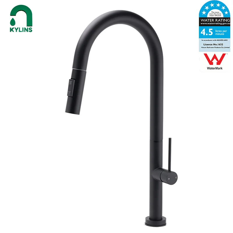 **Sydney Stock** KYLINS WELS Matt Black 2 Mode Pull Out Kitchen Tap Laundry Sink Mixer Swivel Gooseneck WaterMark AU