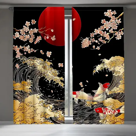 2pcs Cherry Blossom Curtains，Blackout Drapes，Japanese Style Art Rod Pocket Window Treatments for Living Room Bedroom，Home Decor