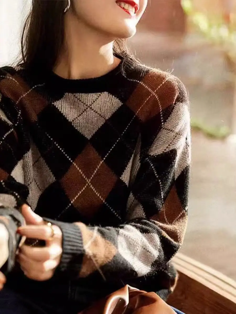 Otoño Invierno cuello redondo enrejado prismático Vintage suéter señoras suelto Casual todo-fósforo pulóver jerseys mujeres Top de fondo