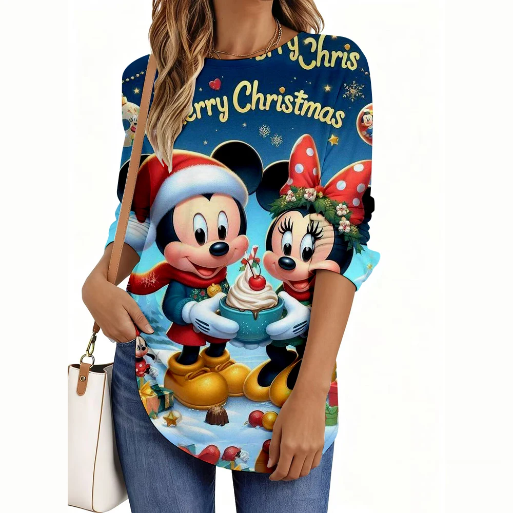 2025 レディース Tシャツ ディズニー クリスマス シリーズ プリント エレガント ファッション Tシャツ 長袖 Tシャツ O ネック レギュラー トップス カジュアル プルオーバー