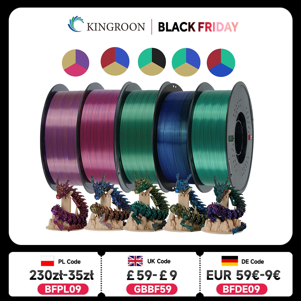 

KINGROON 5KG Silk Tricolor PLA Filament 1.75mm, Three-colour Coextrusion 3D Printing Material, New Color Change, 5Roll 1kg/Spool