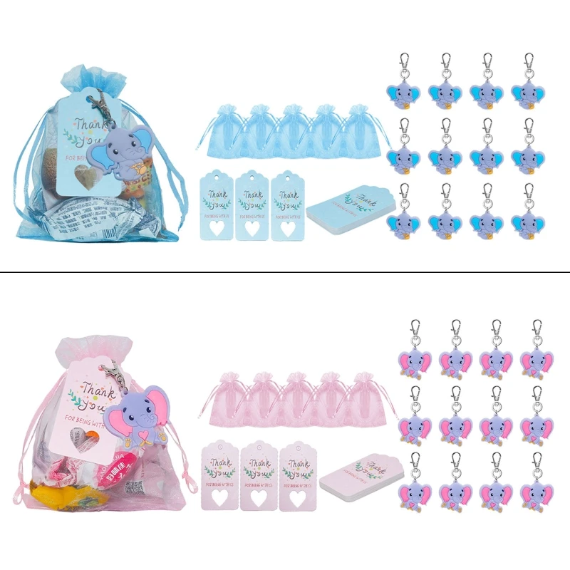 90Pieces Baby Shower Return Favors for Guests Elephant Keychains with Organza Bag Thank You Kraft Tag for Elephant Party