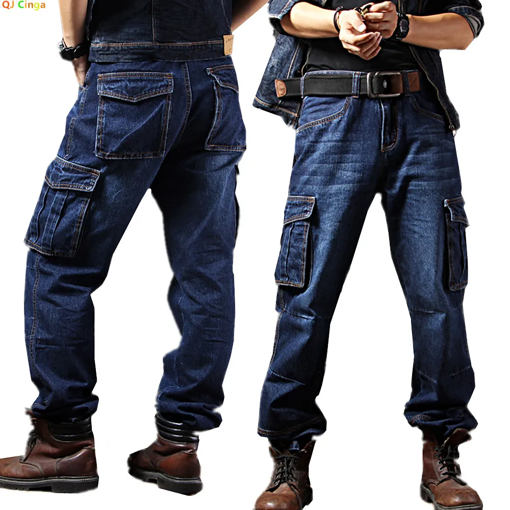Men's Workwear-Style Blue Jeans, High-Quality Loose-Fit Denim Pants, Asian Sizes 30–42.