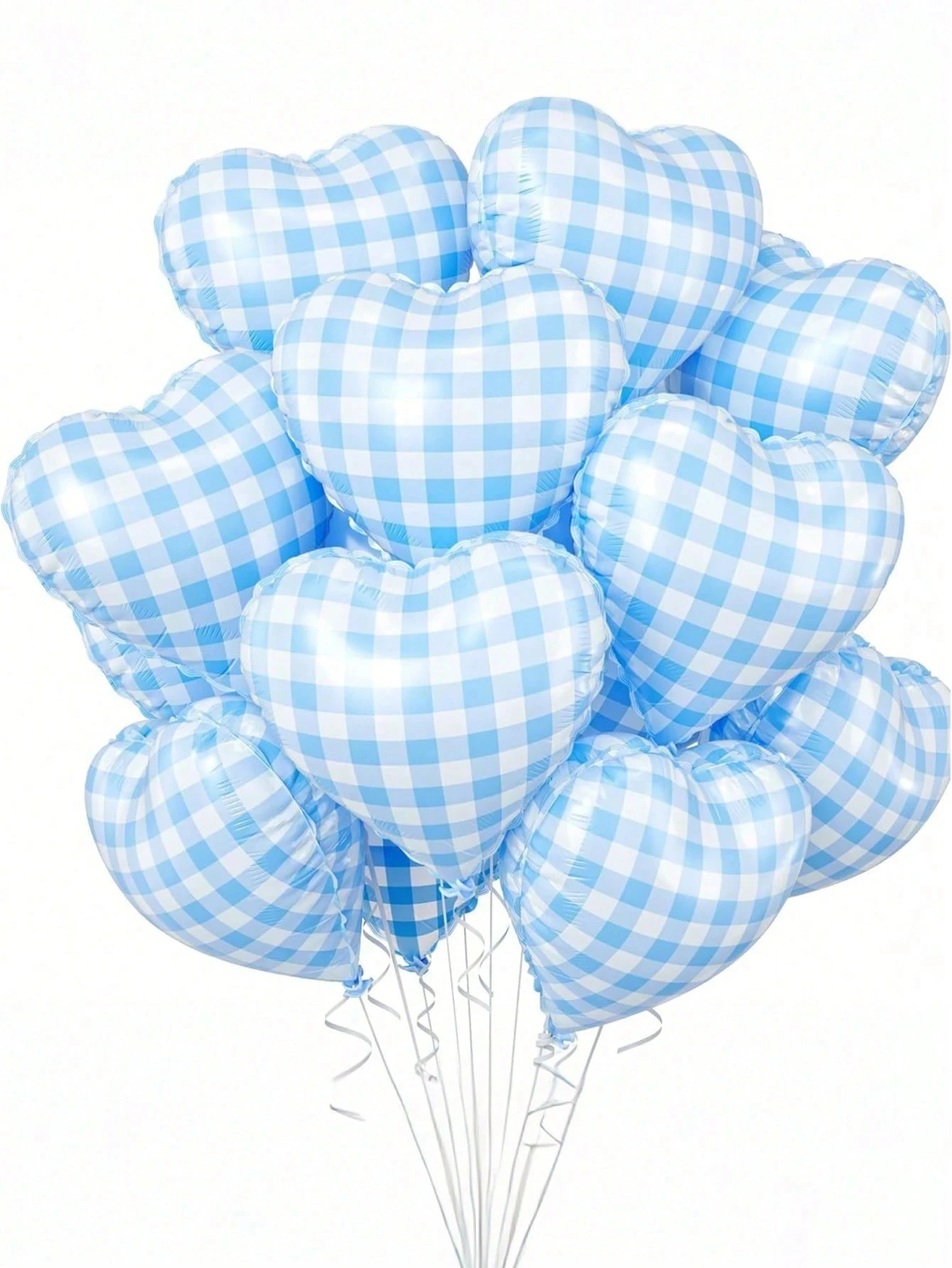 12 globos con forma de corazón a cuadros azules y blancos, 10 globos con forma de corazón a cuadros de color azul claro, globos de aluminio a cuadros de 18 pulgadas, adecuados para celebraciones del Día de San Valentín, ideales para fiestas de cumpleaños 