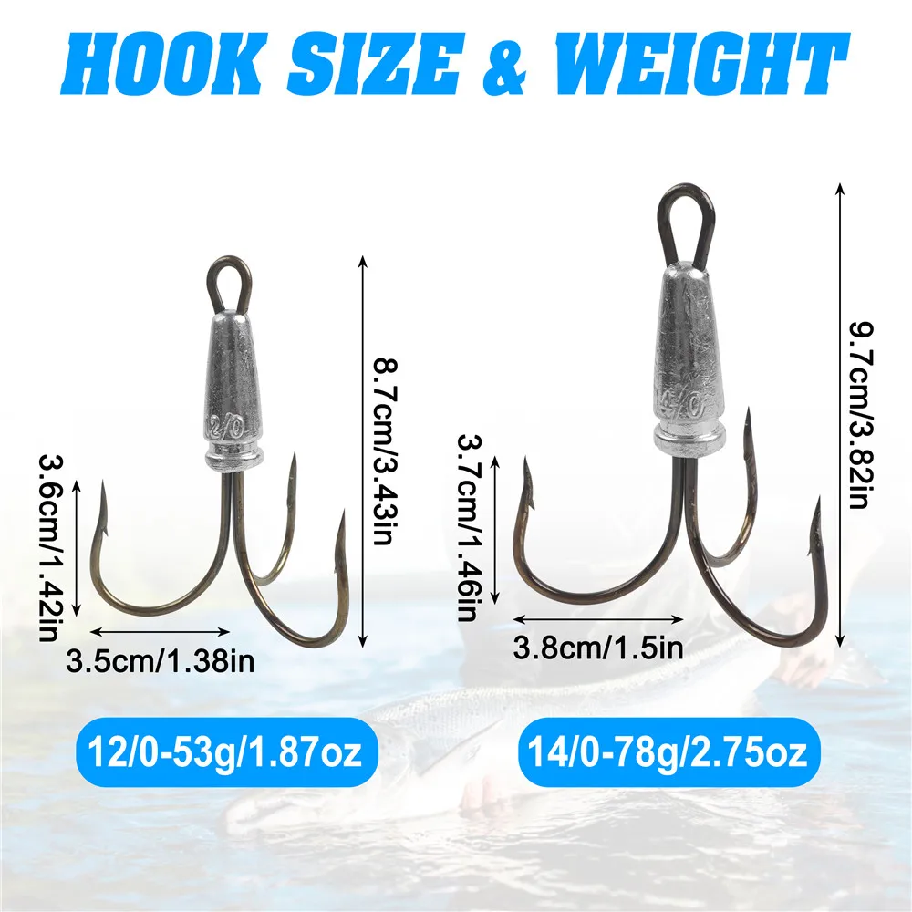 2Pcs Treble Snagging Hooks Weighted Fishing Hooks Big Bunker fishhooks Large Snag triple hooks 8/0 10/0 12/0 14/0