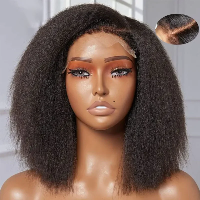 

Kinky Straight Edged Bob Wig Human Hair Wigs Pre Plucked Yaki Straight Short Bob Lace Front Wig For Woman 4x4 Lace Closure Wig