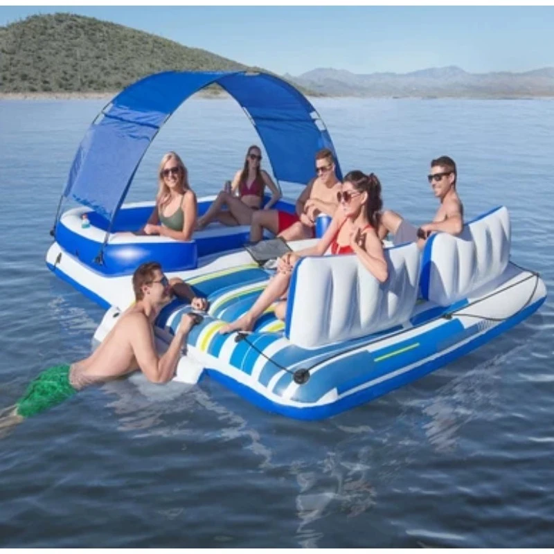 Thickened Floating Lounge Chair with Awning, Floating Bed Lounge Chair on Water, Inflatable Raft for Swimming Pools and Beaches