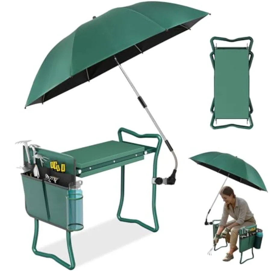 

2-in-1 Garden Kneeler with Umbrella Garden Kneeling Bench and Green Umbrella Portable Garden Stool Loads Capacity 330lb and Gar