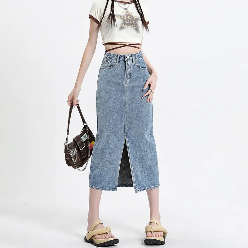 

006Весна и лето, новая юбка в стиле ретро, женская утягивающая юбка с высокой талией, модная юбка средней длины с разрезами на бедрах