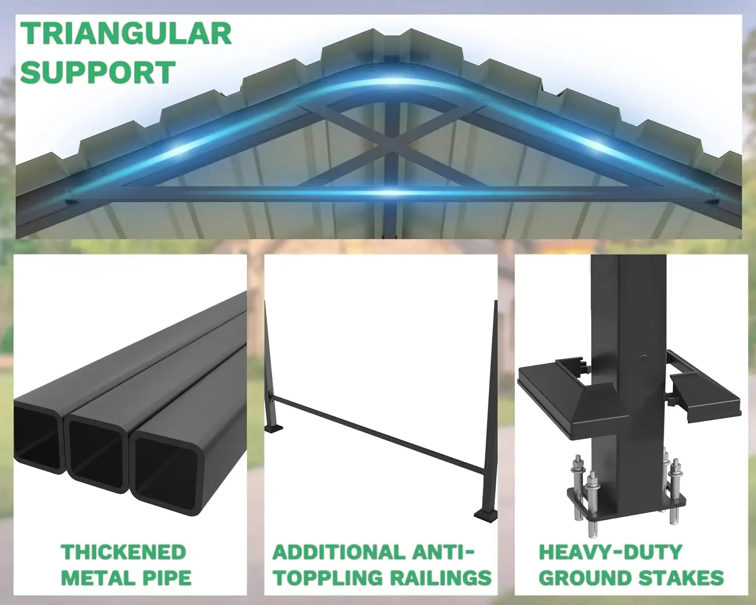 12x20FT Metal Round Carport with Side Support Rods, Deep Gray, Customized