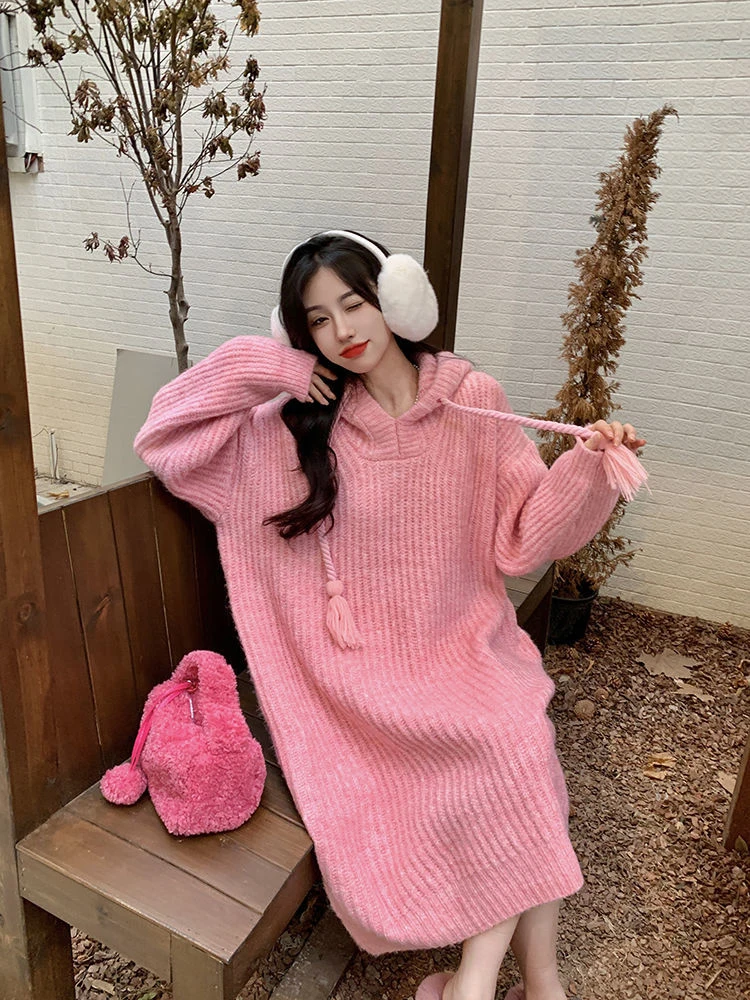 Y2k Chic Hoodies Rose Red Knitted Dress Korean Lace Up Sweater Robe Korean Loose Straight Knitwear Vestidos Mujer New 2023