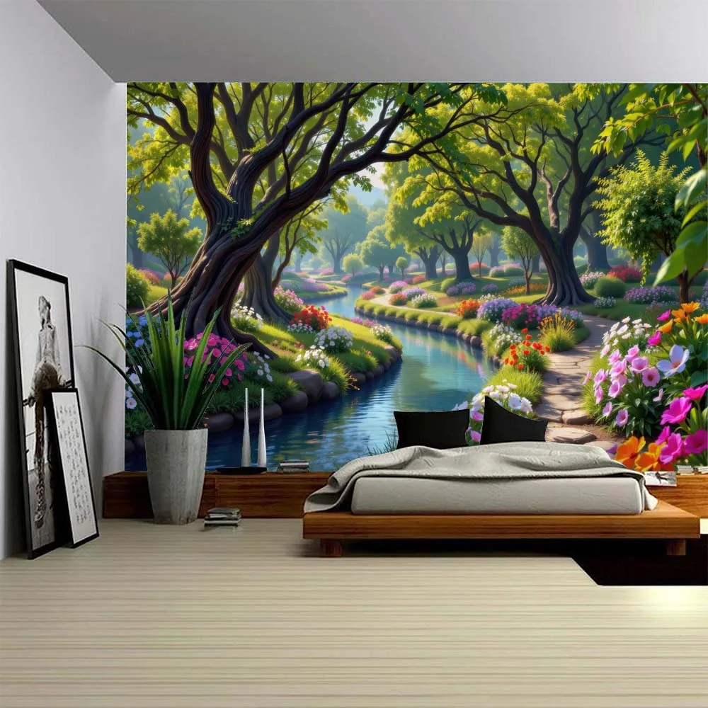

Natural scenery tapestry park forest flowers medium size soft fabric wall hanging aesthetic home living room bedroom decoration