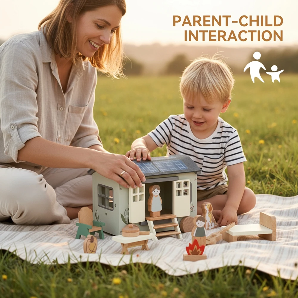 나무 캠핑 차량 장난감 세트 아기 몬테소리 장난감 만화 블록 장면 배치 놀이집 게임 어린이 선물