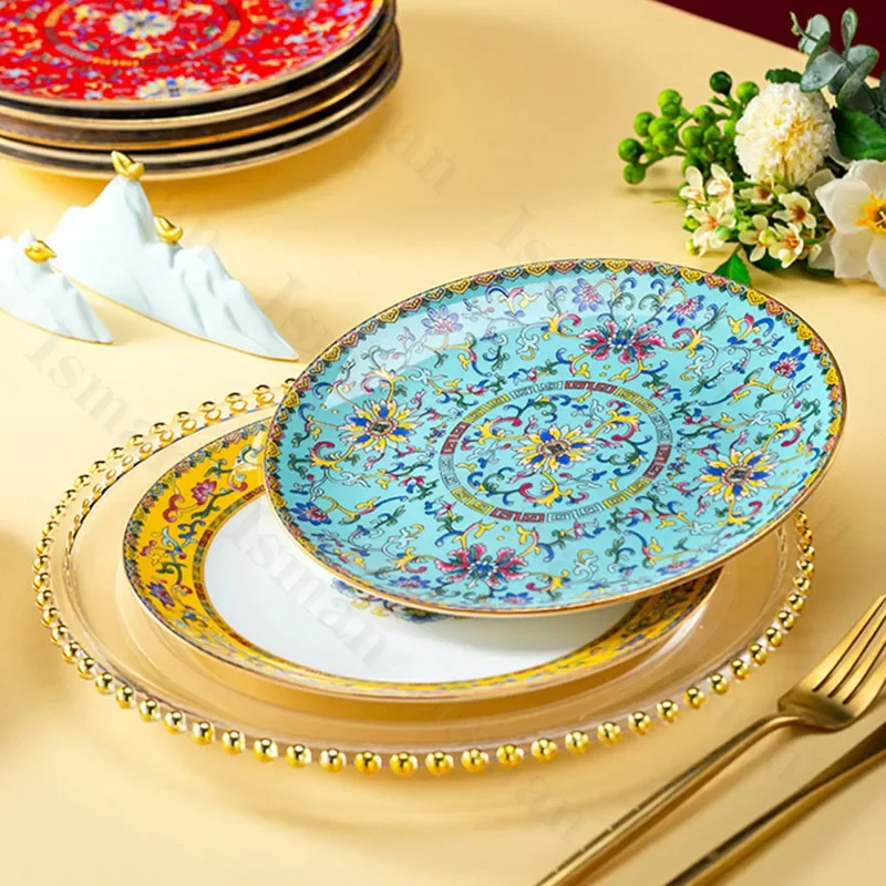 Light Luxury Gold Stroke Ceramic Dinner Plate Flower Relief Enamel Dish Bone China Western Plates Dishes Household Tableware