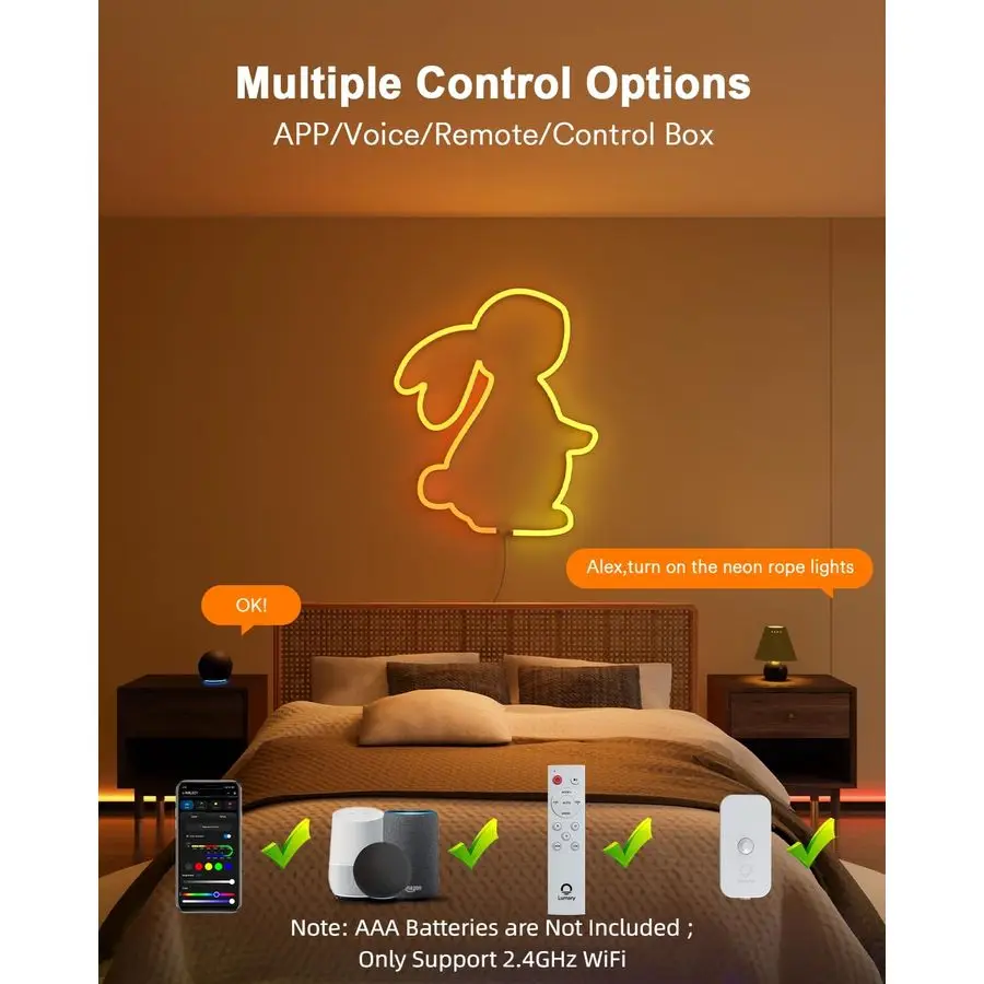 Smart RGBAICW Neon Rope Lights Indoor, 16.4ft Led Strip Light Works with Alexa Google Assistant, Warm White to Cool White Rope L