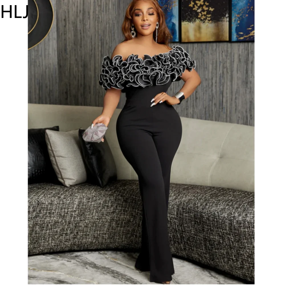 HLJ Sexy Off Shoulder Ruffle Design Jumpsuits Women Solid Bodycon Wide Leg Pants One Piece Playsuits Elegant Lady Slim Overalls