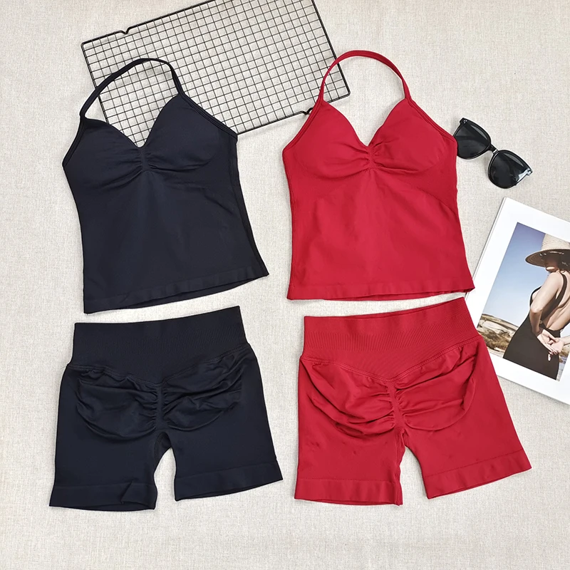 2 Piece Butt Lift Champion Gym Set - Halter Longline Yoga Tank + Peach Booty High Waist Workout Shorts