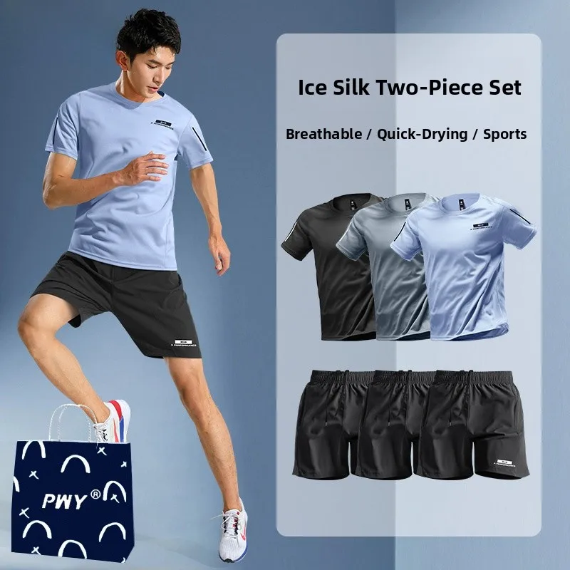 

Ice Silk Thin Summer Fitn Sportswear Set for Men Qui Dry ort Sve T-irt Loose Running Training Suit Casual Youthwear