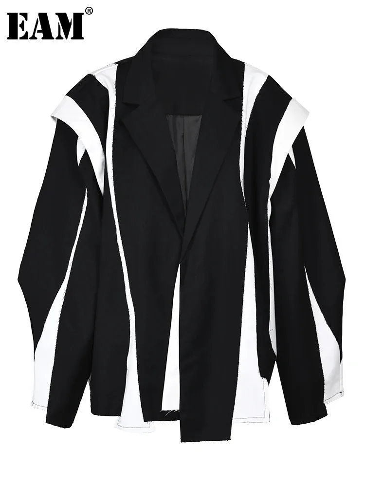 [EAM]  Women Black Irregular Color-block Big Size Blazer New Lapel Long Sleeve Jacket Fashion Tide Spring Autumn 2024 1DF308001