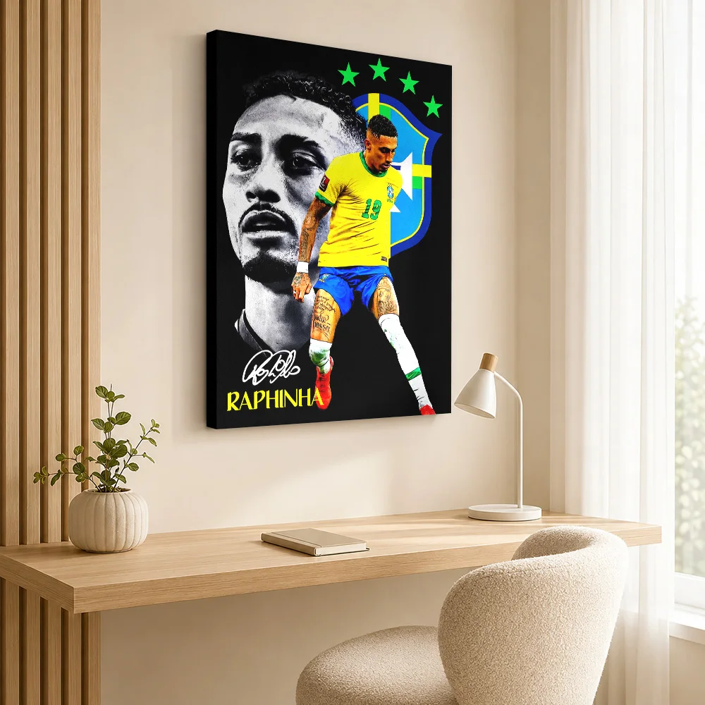Raphinha Brazil Soccer Tribute Framed Canvas Print Poster Bold Style Wall Art With Personalized Photo For Bedroom Ideal Fan Gift