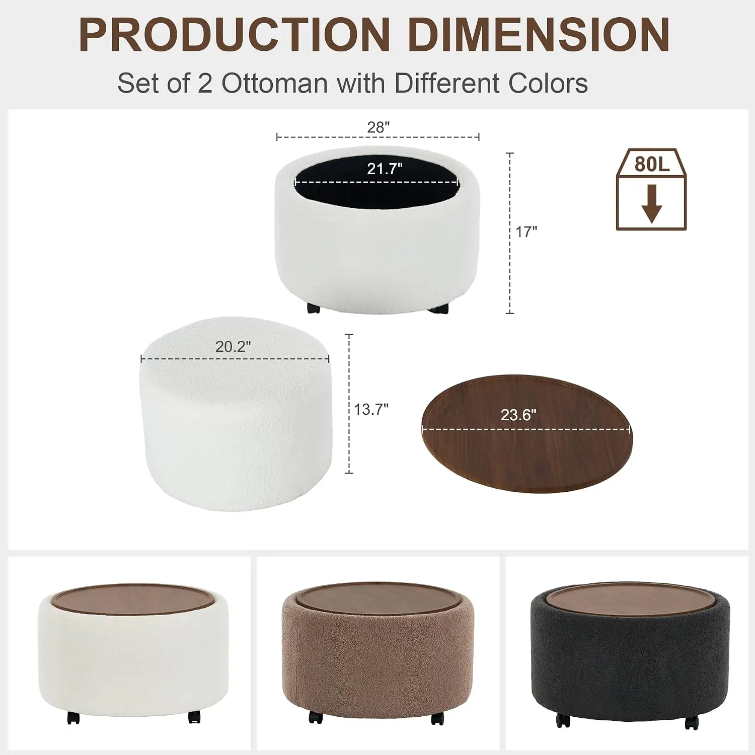 28 Inch Round Storage Ottoman Set 2 with Wheels, Multifunctional Table with Removable Wood Lid, Foot Rest  Customized