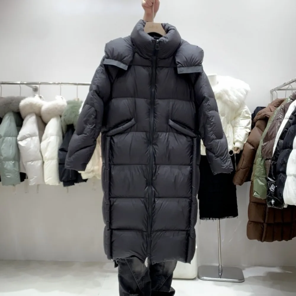Nueva chaqueta de plumón para mujer, chaqueta acolchada larga de lujo con capucha, abrigo de plumón de pato blanco para mujer, Parkas de plumas esponjosas de invierno, abrigo para mujer