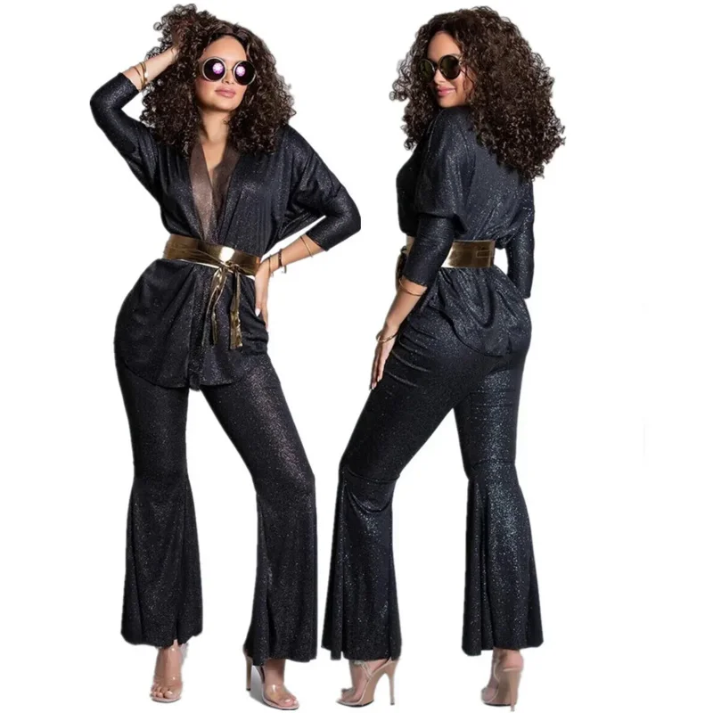 

Women's Vintage 70s 80s Hippie Costume Set Adult Halloween Music Festival Retro Disco Cosplay Fancy Dress Top Pants Belt Suit