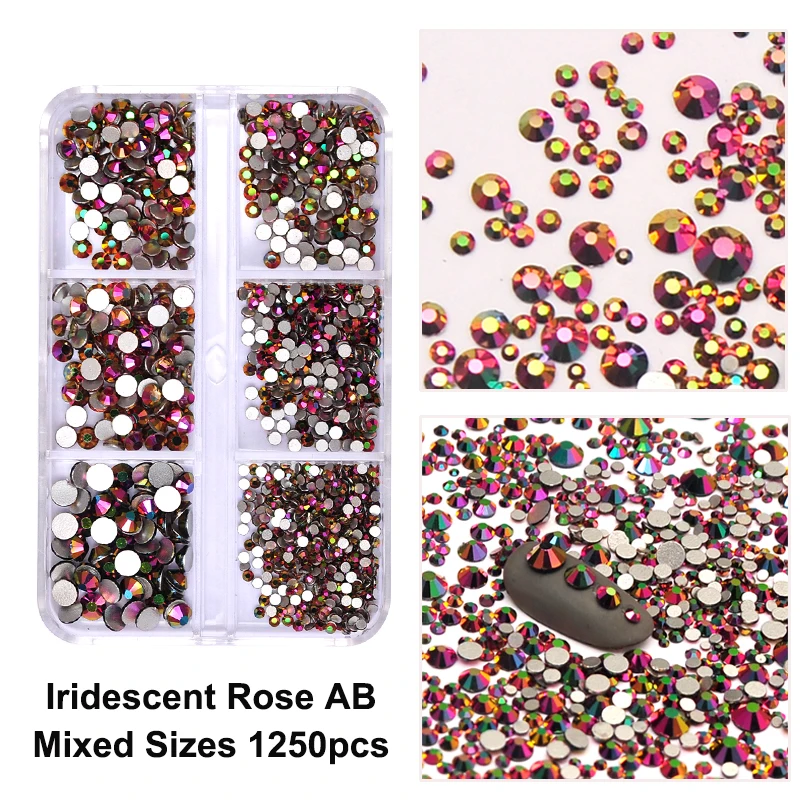 

6 Grids Iridescent Rose AB Nail Rhinestones Flat Bottom Mixed Size SS4-SS16 Nails Accessories for DIY Design Nail Art Decoration