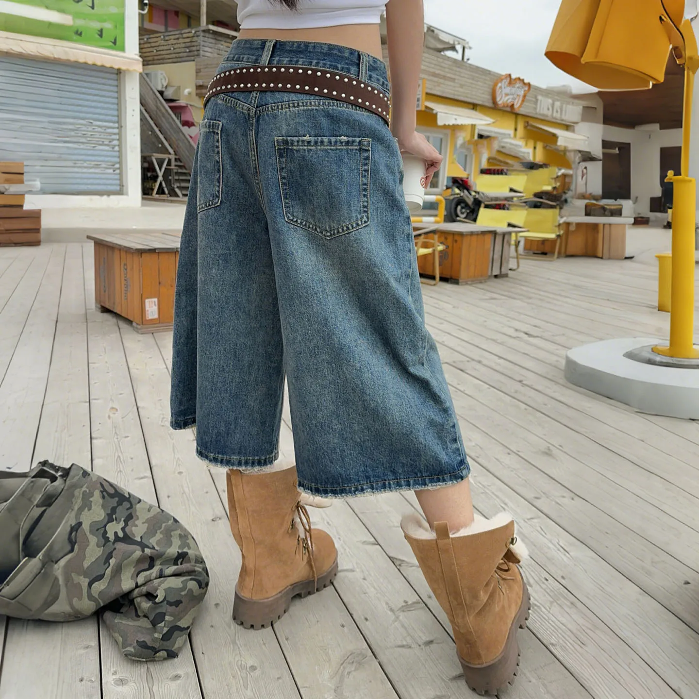

Washed Fringed Design Wide Leg Denim Cropped Pants Versatile Casual Niche Design Straight Knee Length Pants