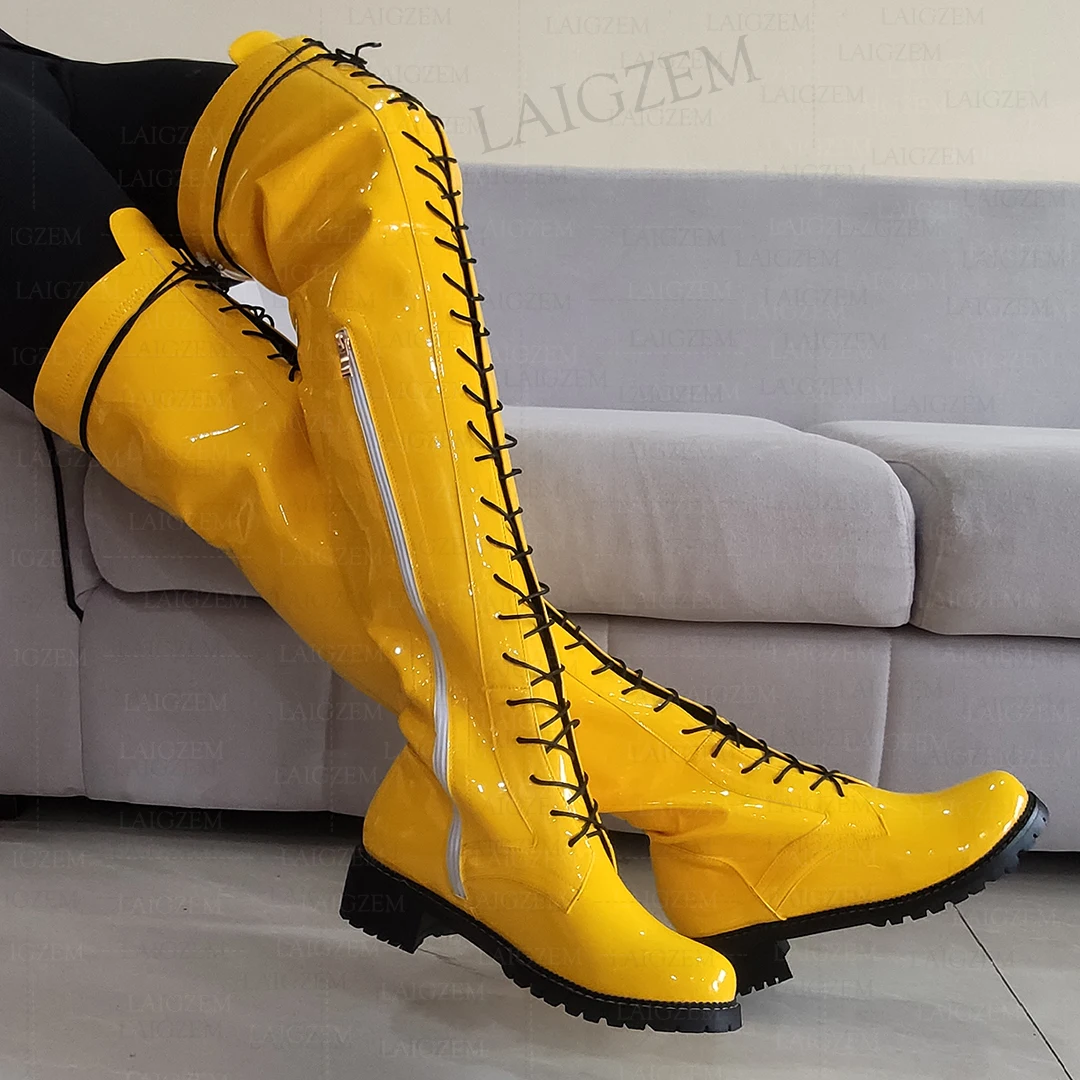 LAIGZEM النساء الفخذ الأحذية لامعة الجانب البريدي جولة تو كعب مربع الأحذية فوق الركبة للجنسين أحذية نسائية امرأة كبيرة الحجم 33 41 46 50 #3