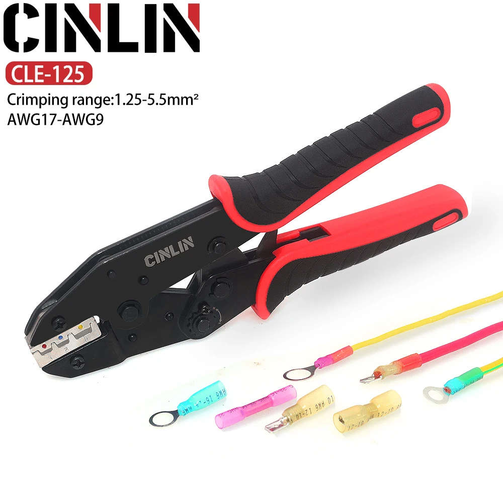 Crimping Tool 1.25-5.5mm Heat Shrink Terminals Receptacles CLE-125 AWG 17-9 Ratchet Wire Crimper Pliers