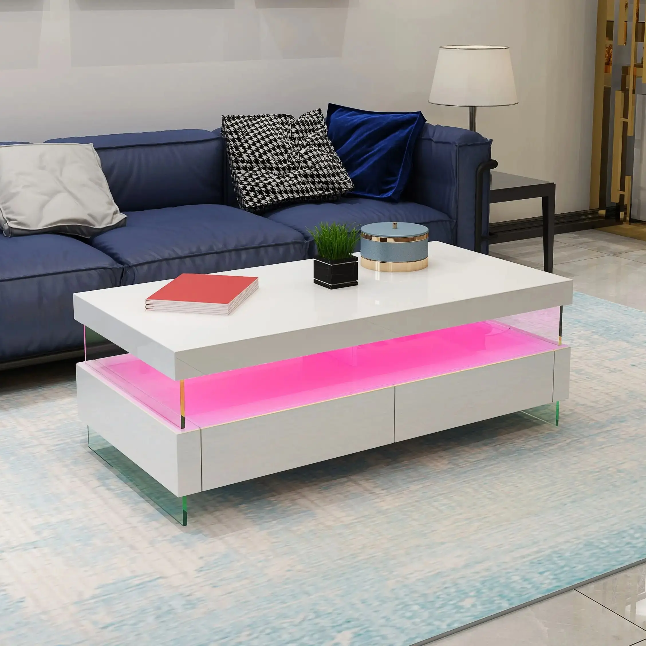 [Flash Sale]Ria Modern&Contemporary Style LED Coffee Table Center Table Made with Wood&Glossy Finish in White/Gray[US-W]