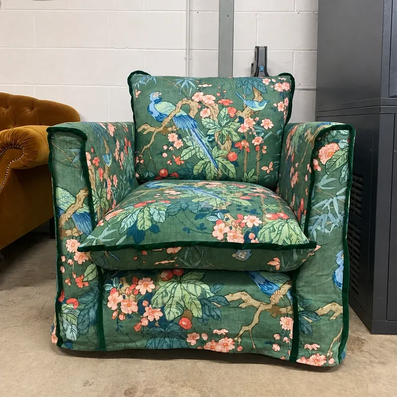 Printed Solid Wood Casual Sofa Chair Retro Style Fabric Single Chair for Living Room Bedroom Balcony Lazy Chair