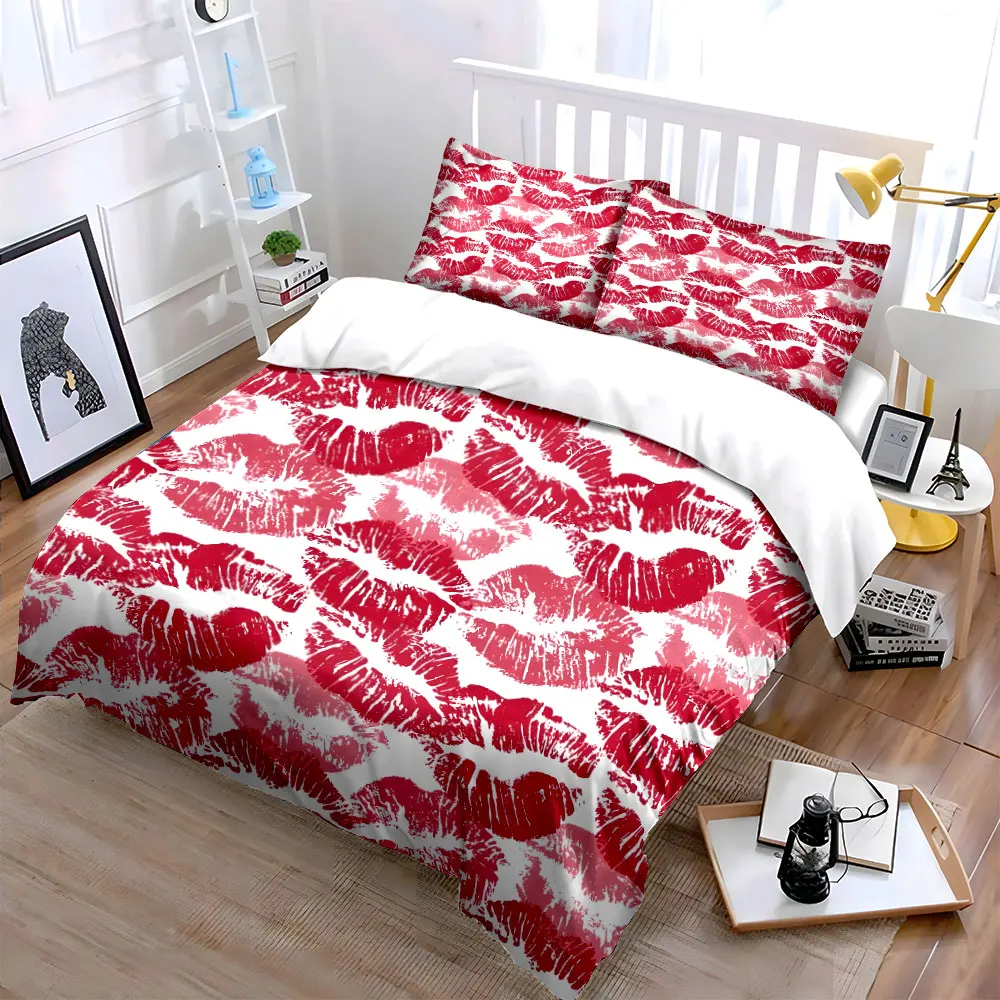 Red Lipstick Kiss Pattern Background Duvet Cover Set with 3D Printing Design Soft Polyester Bedding Set All-Season Comfort