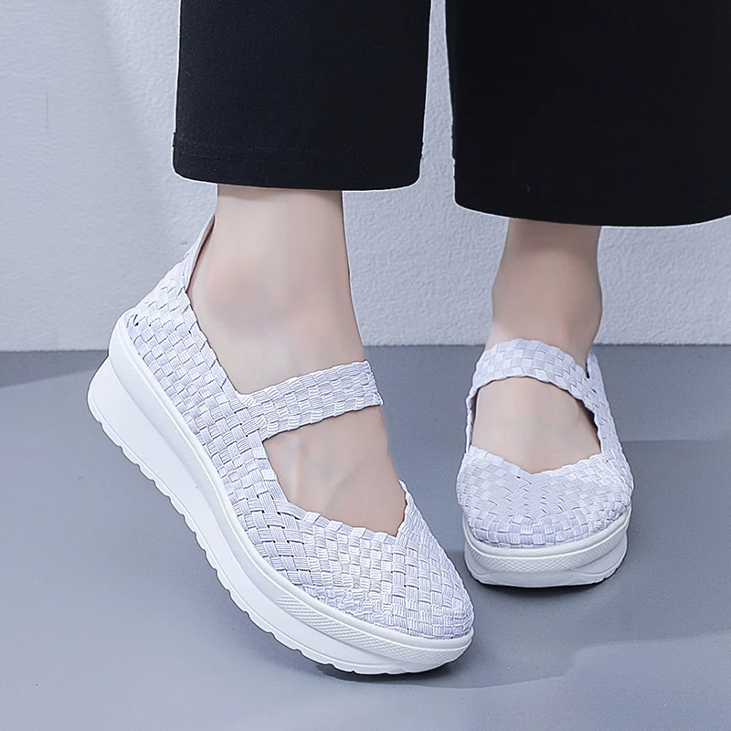 5CM Women Woven Loafers Walking Shoes Sports Outdoor Light Flats Breathable Fitness Sneakers Black Size 35-41