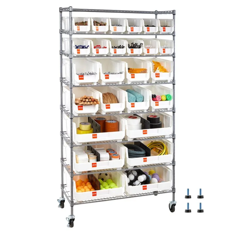8-Tier Rolling Bin Storage Rack, 26 Organizer Bins, Bin Rack Storage Steel Wire Shelving System with Wheels, Mobile