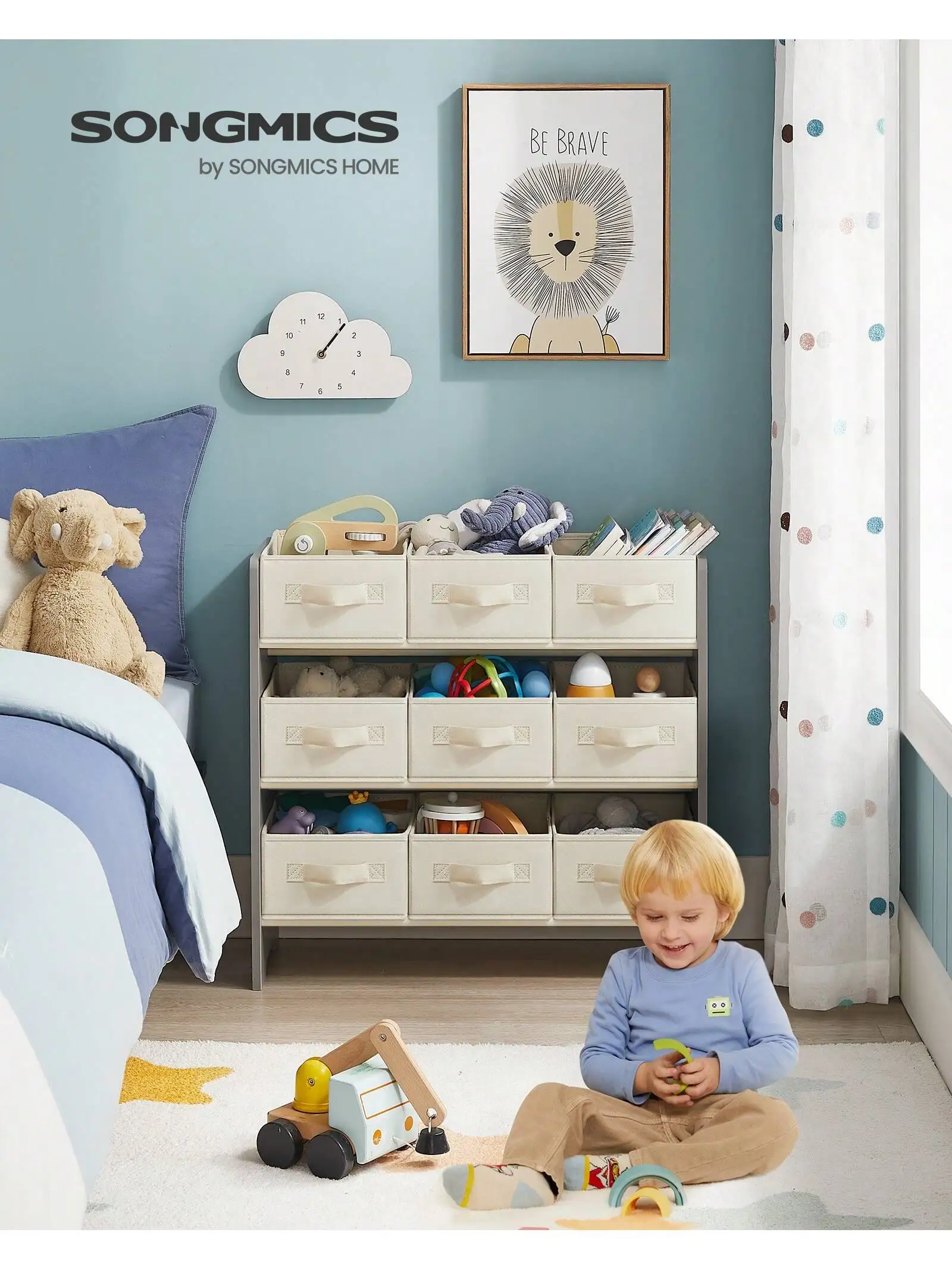 SONGMICS Toy Organizer, scaffale per bambini con 9 scatole in tessuto, camera dei bambini, stanza