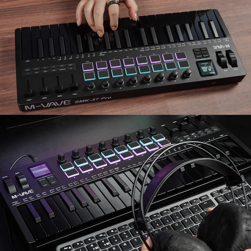 

M-VAVE SMK-37 PRO Keyboard MIDI Controller 37 Key 16 RGB Pads&8 Knobs Supports Wireless Connection Systems