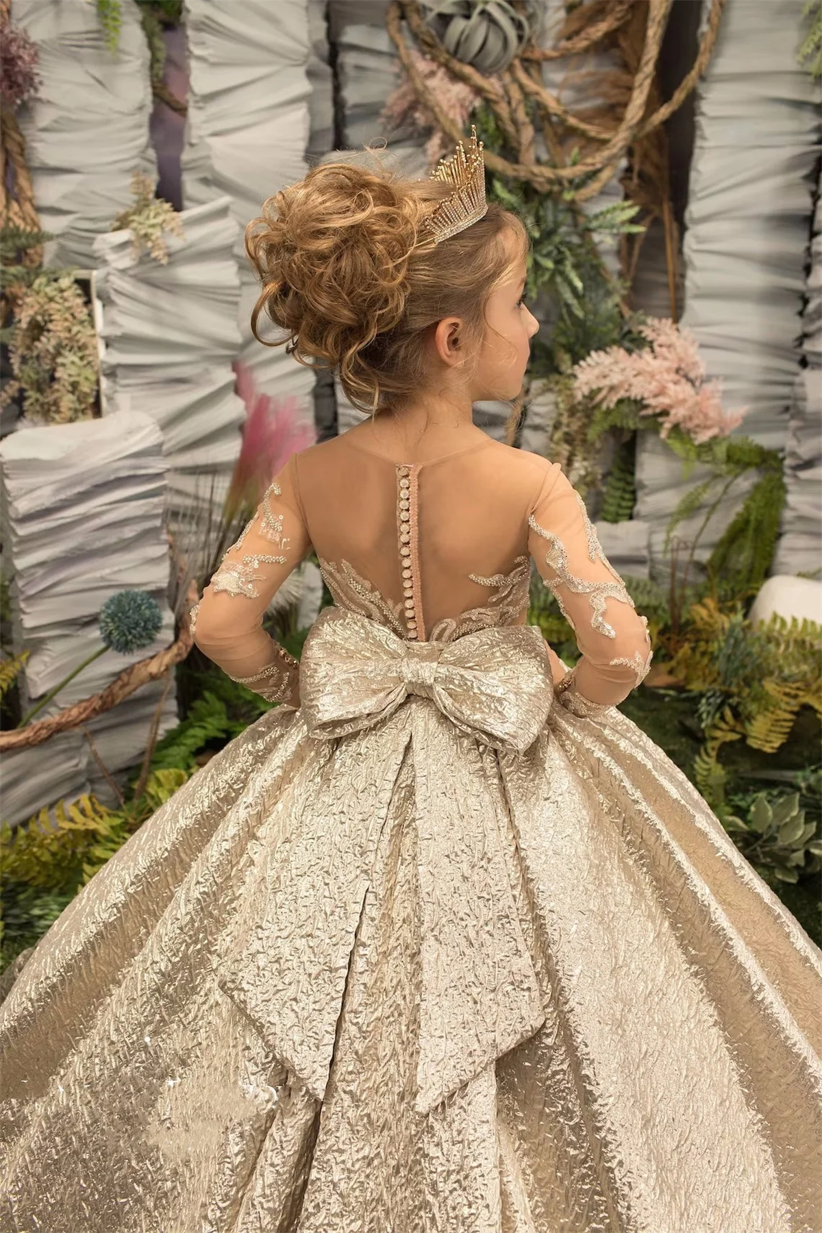 Exquisite Long Child Princess Flower Girl Dresses Sequin Applique Bow Wedding Party Ball Gown Full Sleeve Birthday Pageant Robe