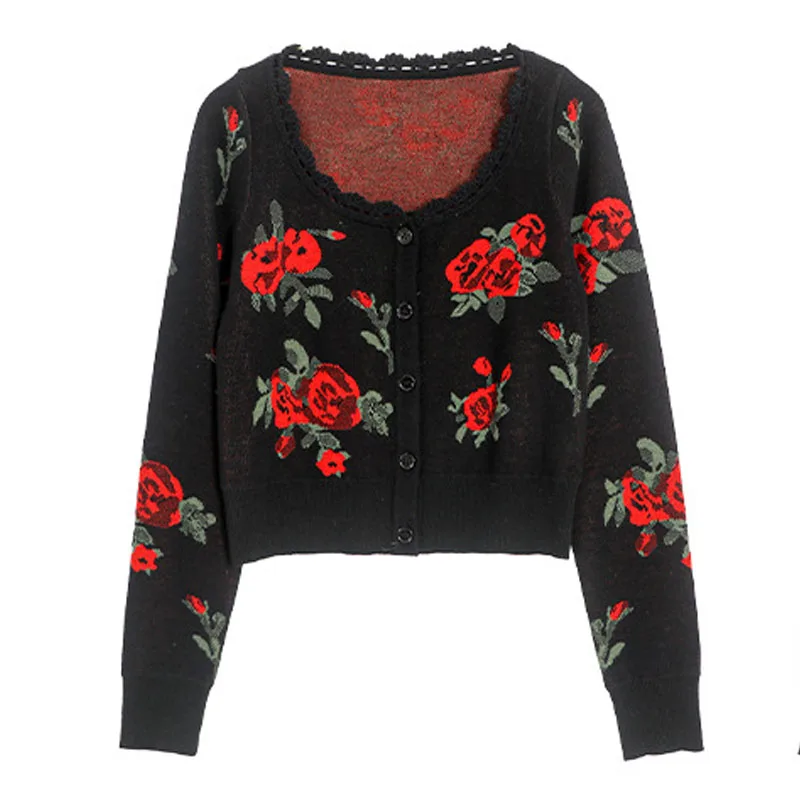 High Quality Women Spring Autumn New Sweet Cute Vintage Floral Embroidery Slim Knitted Cardigan Sweater