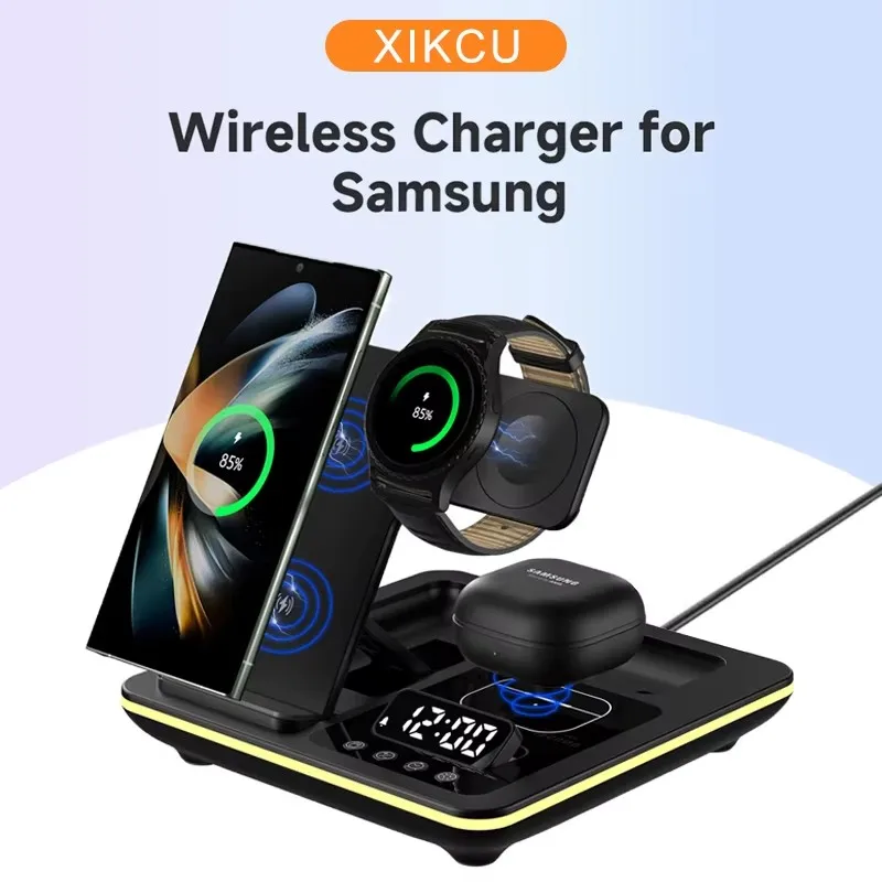 折りたたみ式ワイヤレス充電器目覚まし時計ledライトドック、samsung-s24-s23-galaxy-watch-2-7-active-1-2-buds-pro充電ステーション対応