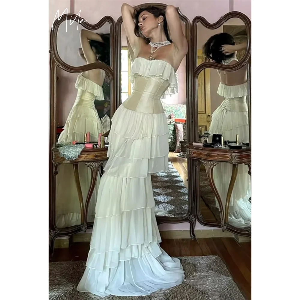 

Mila Strapless Prom Dress Sleeveless Cascading Ruffles Customized Luxurious Women Evening Dresses Chiffon vestidos de fiesta