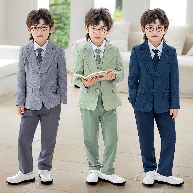 

Gentleman Kids Beige 5Pieces/Set Elegant Children Boys Wedding Suits Formal Kids Performance Blazer Ceremony Costume 1-11Years