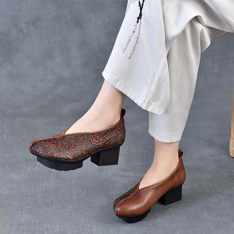 2025年ヘッドレイヤー牛革プリント新中国風粗ヒールレディースシューズエスニック風レトロシングルシューズ