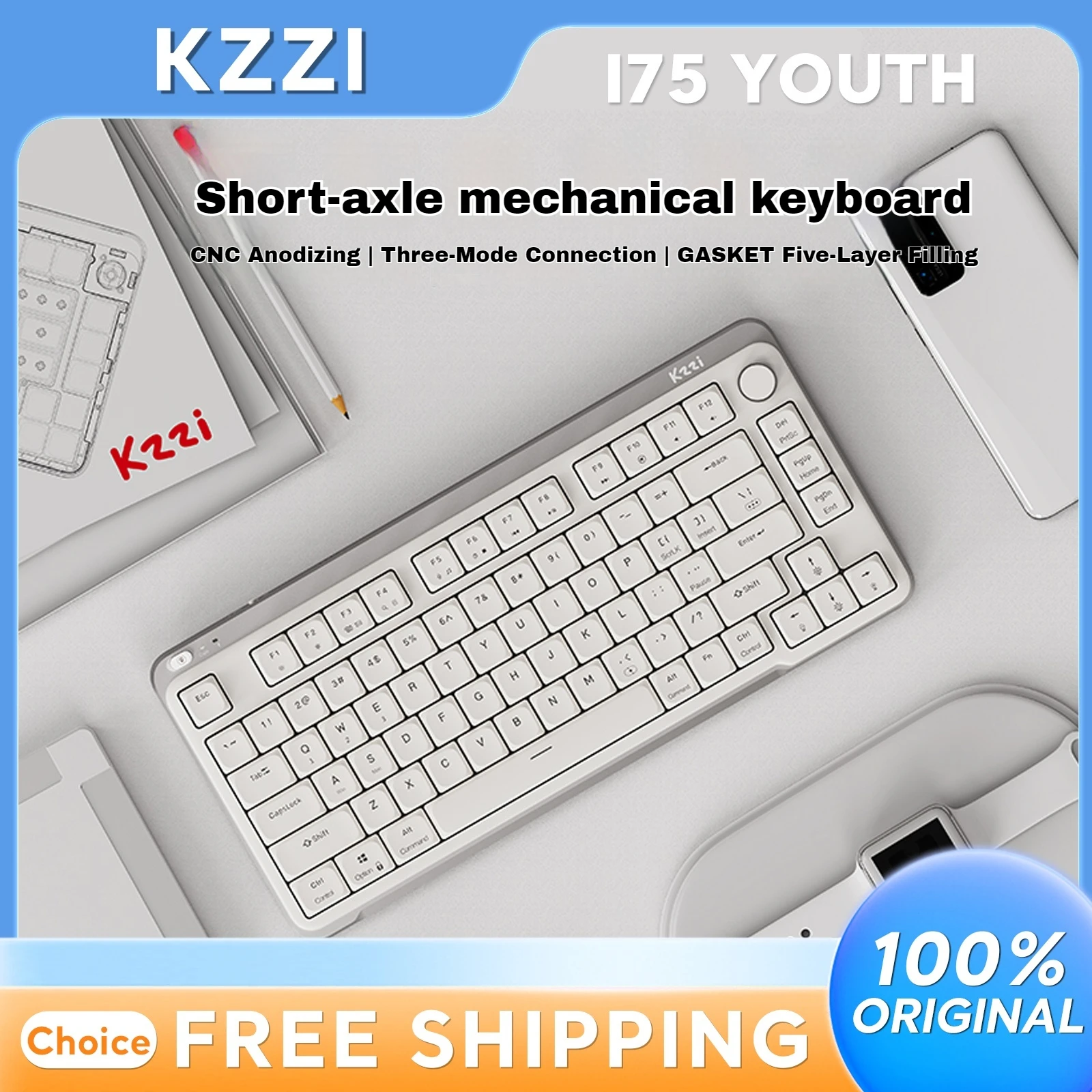 

Беспроводная механическая клавиатура Kzzi I75 Youth Edition, эргономичная трехрежимная, 3750 мАч, 80 клавиш для ПК, киберспорта, ноутбука, игровой светильник, подарок