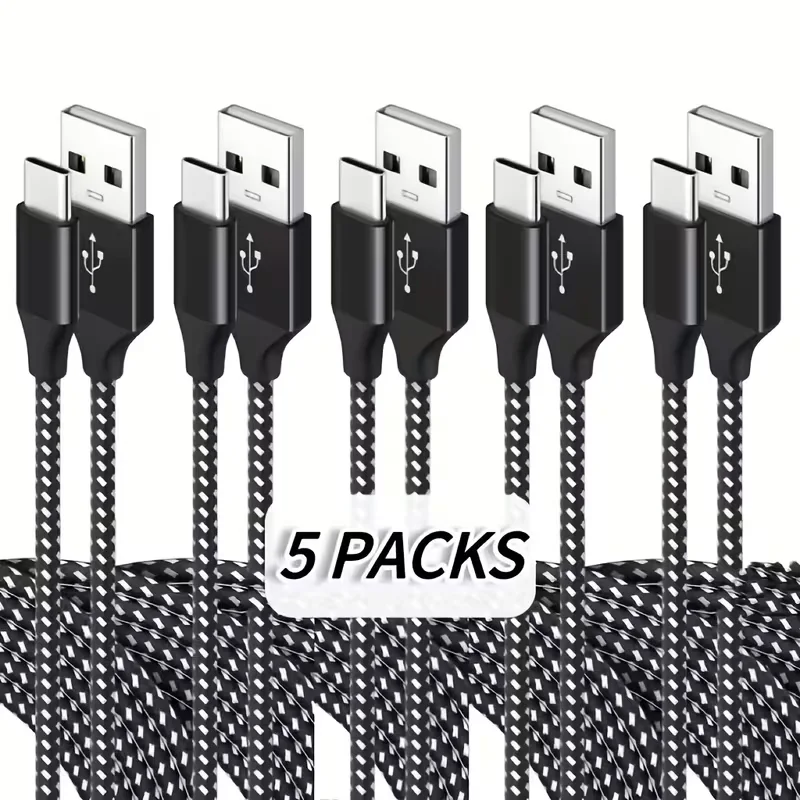 5PACK Nylon USB-C Fast Charging Data Cable with Thick Braided Wire, Resistant to Pulling and Not Easily Damaged, Suitable for Samsung Android Type-C Charging Cable, High-Quality Data Cable