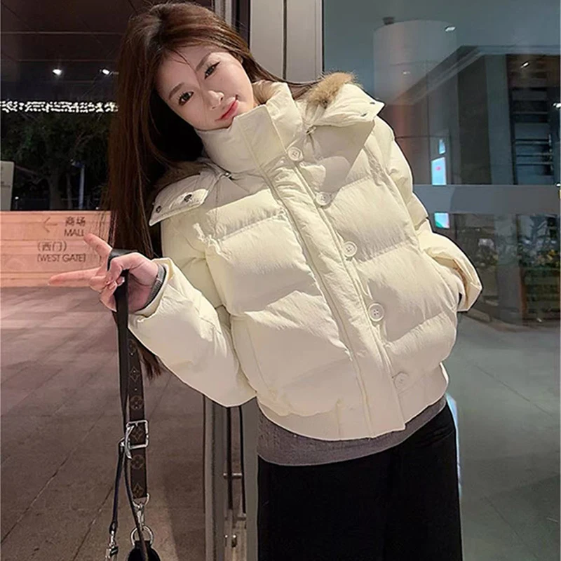 Women's Winter Warm Jacket Korean Thickened Big Fur Collar Hooded Outerwear Fashion Casual Detachable Short Cotton-Padded Coat
