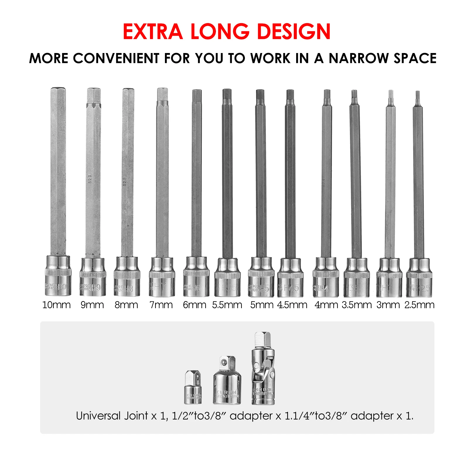 15PCS 3/8” Drive Metric Extra Long Allen Hex Bit Socket Set 12 Pieces Sizes 3mm – 10mm Shaft Length 6” Premium S2 Steel Bits